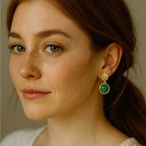 Vintage-Inspired Green Stone Dangle Earrings  Gold Trim Classic Elegant Look new